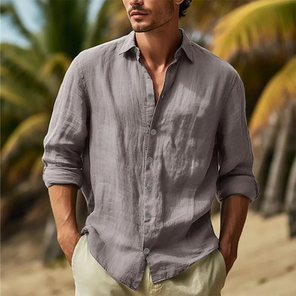 Men's Cotton Linen Shirts Turn Down Collar Solid Hawaiian Shirt