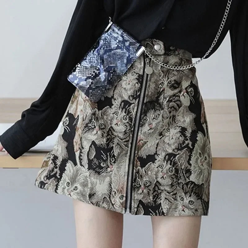 Vintage Autumn Winter Women Skirt Sweet Cat Print