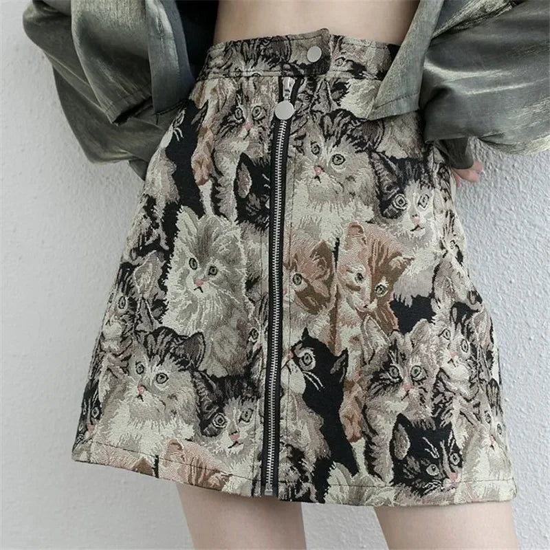 Vintage Autumn Winter Women Skirt Sweet Cat Print