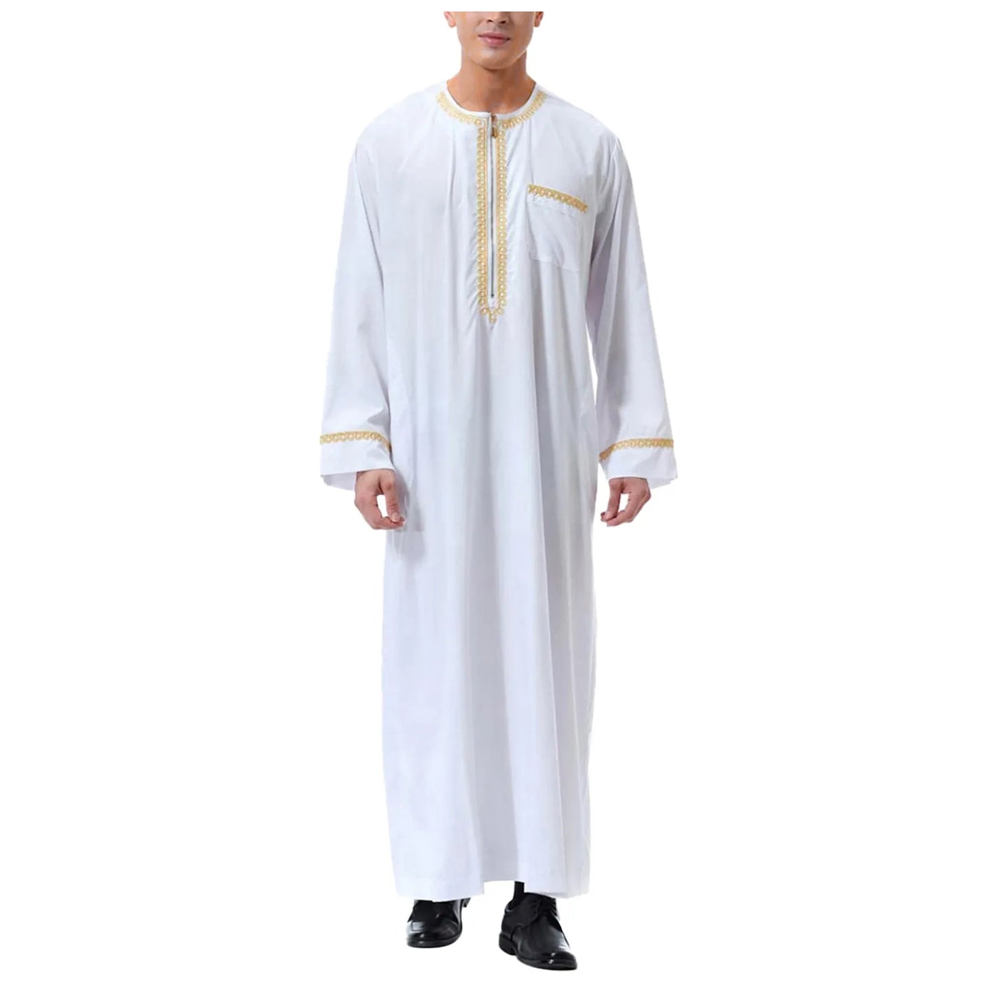 Long Sleeve Embroidered Pocket Long Abaya Shirt Prayer Muslim Men Clothing