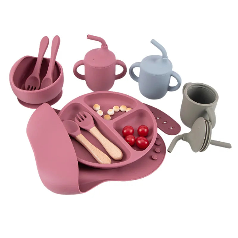 8PCS/Set BPA Free Silicone Baby Feeding Set Sucker Bowl Dishes Plate Straw Cup Spoon Forks Baby Bib