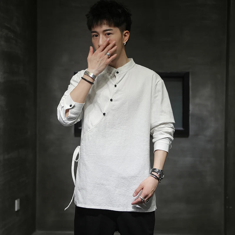 Mens Chinese Style Hemp Shirt Cotton Linen Retro Stand-Up Collar Zen Clothes