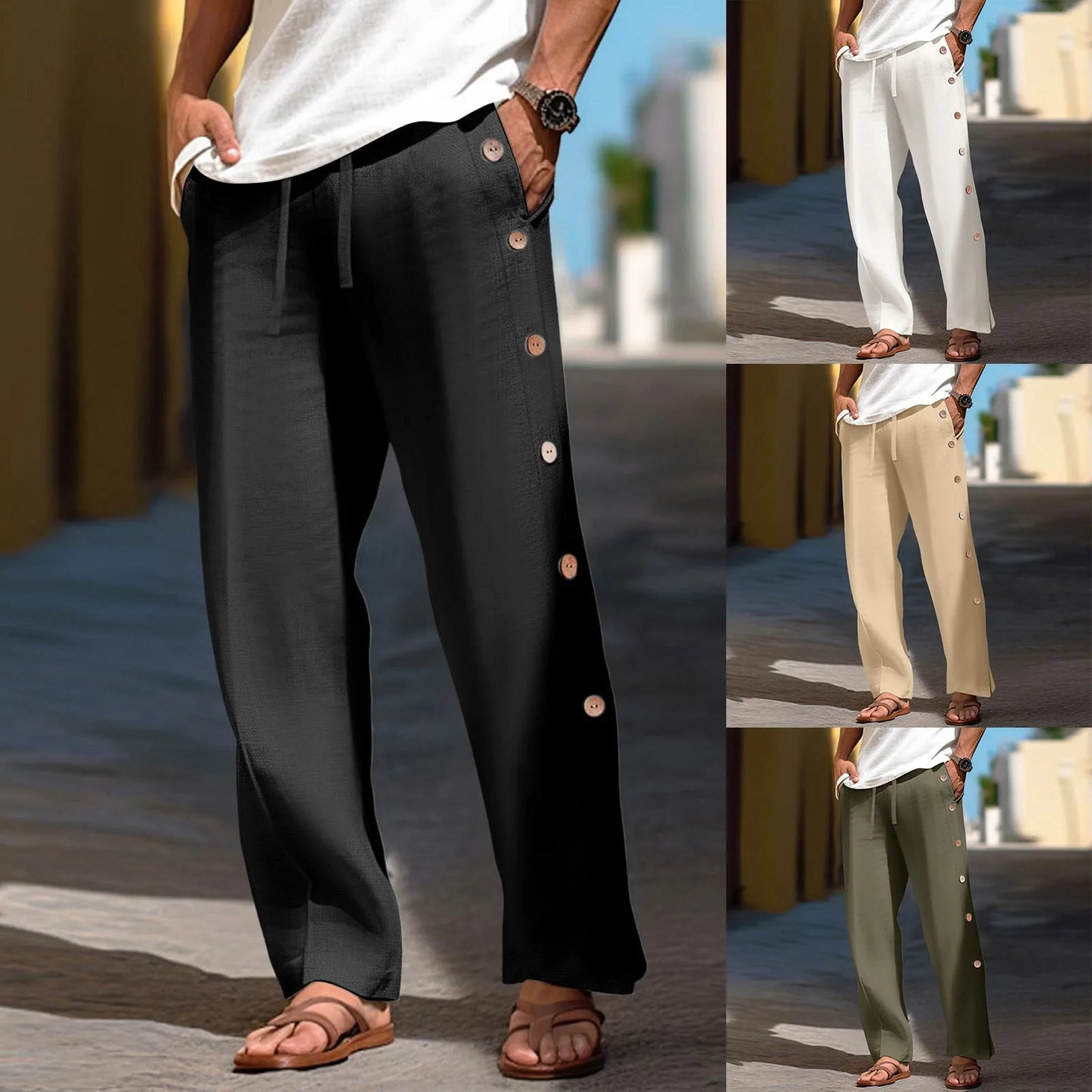 Men'S Breasted Breathable Baggy Pants Beach Slacks Elastic Rope