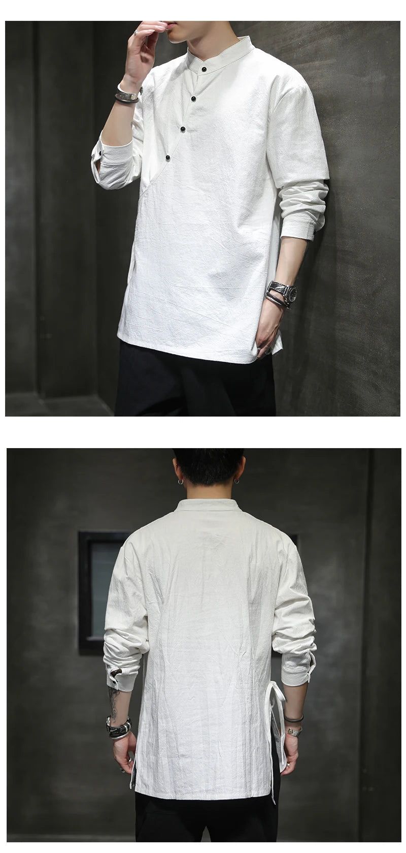 Mens Chinese Style Hemp Shirt Cotton Linen Retro Stand-Up Collar Zen Clothes