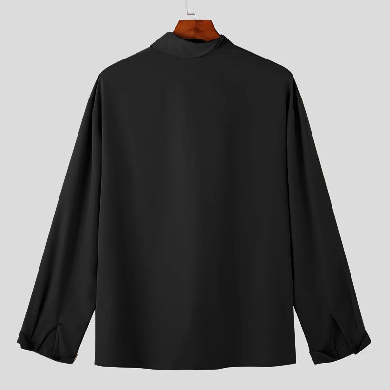 Men's Shirt Solid Color Stand Collar Loose Long Sleeve Casual Men Clothing